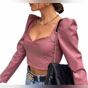 NWT Zara Faux Leather Crop Top dusty pink Size XS Puffy Sleeves chic fall vibes